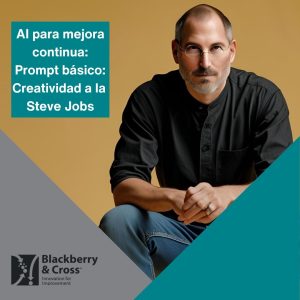 Hombre con apariencia de Steve Jobs en fondo beige, con texto: AI para mejora continua - Prompt básico: Creatividad a la Steve Jobs. Marca Blackberry & Cross.