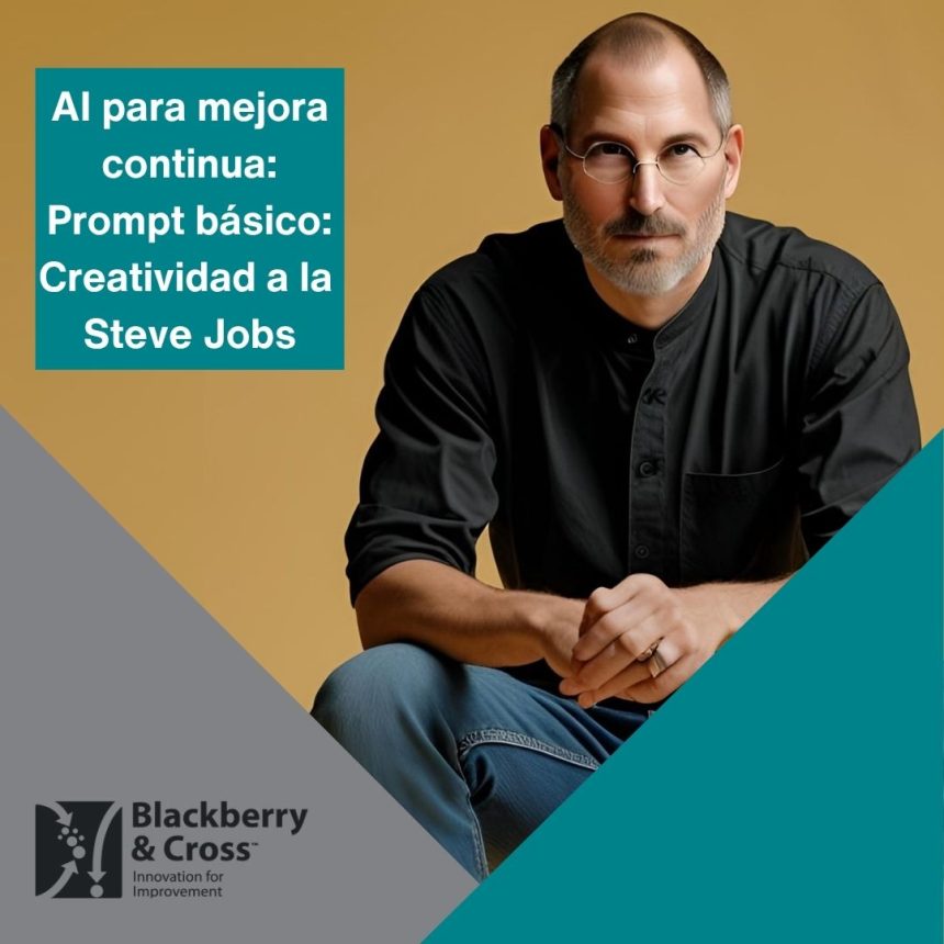 Hombre con apariencia de Steve Jobs en fondo beige, con texto: AI para mejora continua - Prompt básico: Creatividad a la Steve Jobs. Marca Blackberry & Cross.