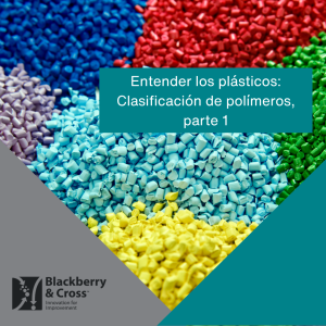 Imagen de gránulos de plástico (pellets) de diferentes colores apilados, formando secciones de color rojo, azul, verde, morado y amarillo. En la parte superior de la imagen, superpuesto en un cuadro turquesa, se lee el título: "Entender los plásticos: Clasificación de polímeros, parte 1". En la esquina inferior izquierda, se encuentra el logotipo de "Blackberry & Cross: Innovation for Improvement". La imagen representa una guía introductoria sobre la clasificación de polímeros para la industria.